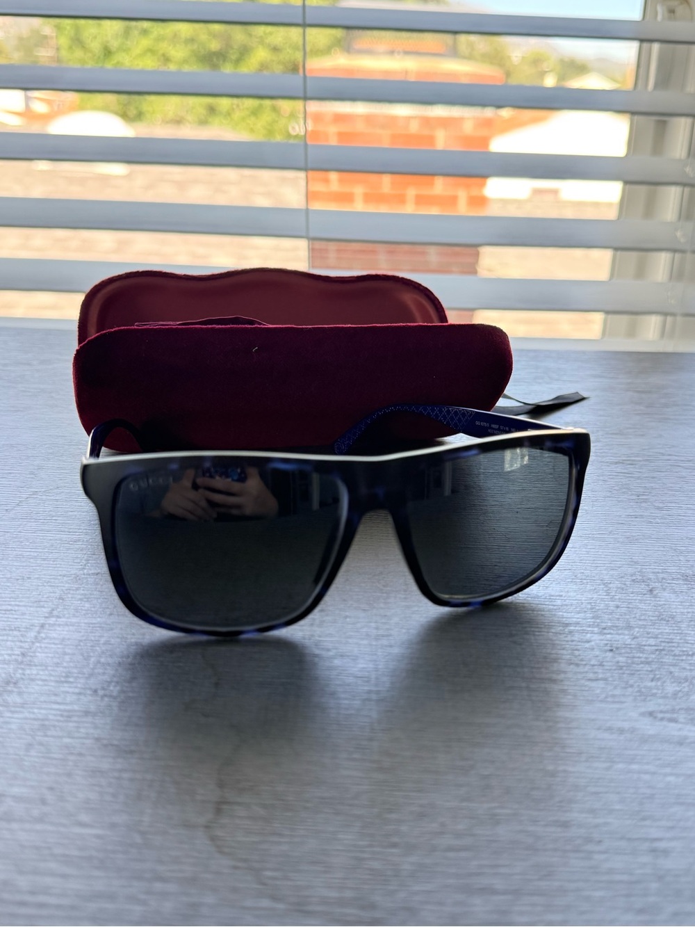 Gucci Black Frame Sunglasses with blue sides and  Dark Lenses and Maroon Case